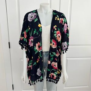 Floral Kimono Duster Cardigan With Tassel Trim- Beach Coverup/ Vacation